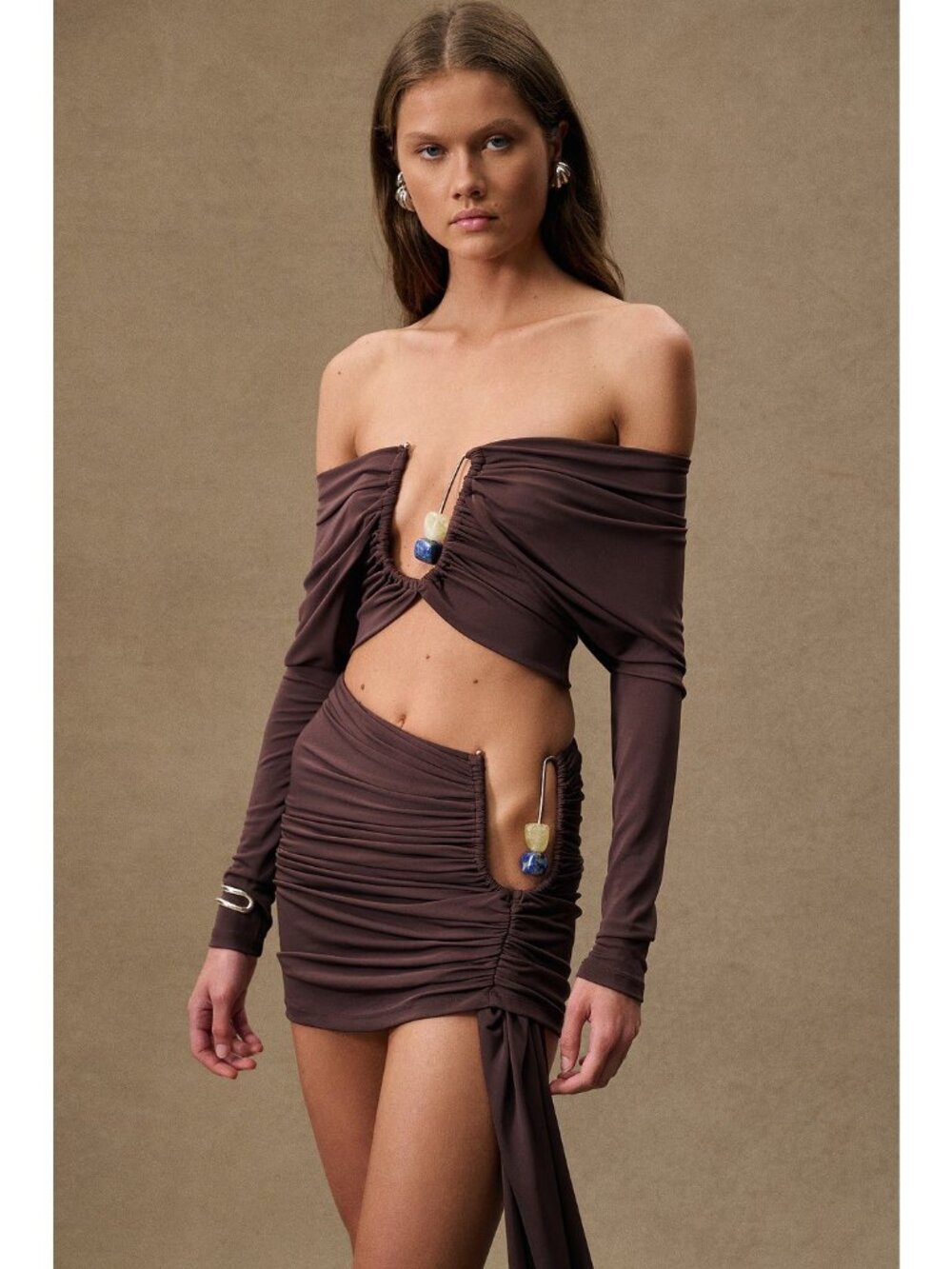 Christopher Esber Arced Palm Shawl Long Sleeve Top in Mahogany